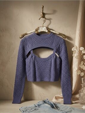 Sokie Collective Tank Sweater Large Cable Knit Cutout Blue NWT